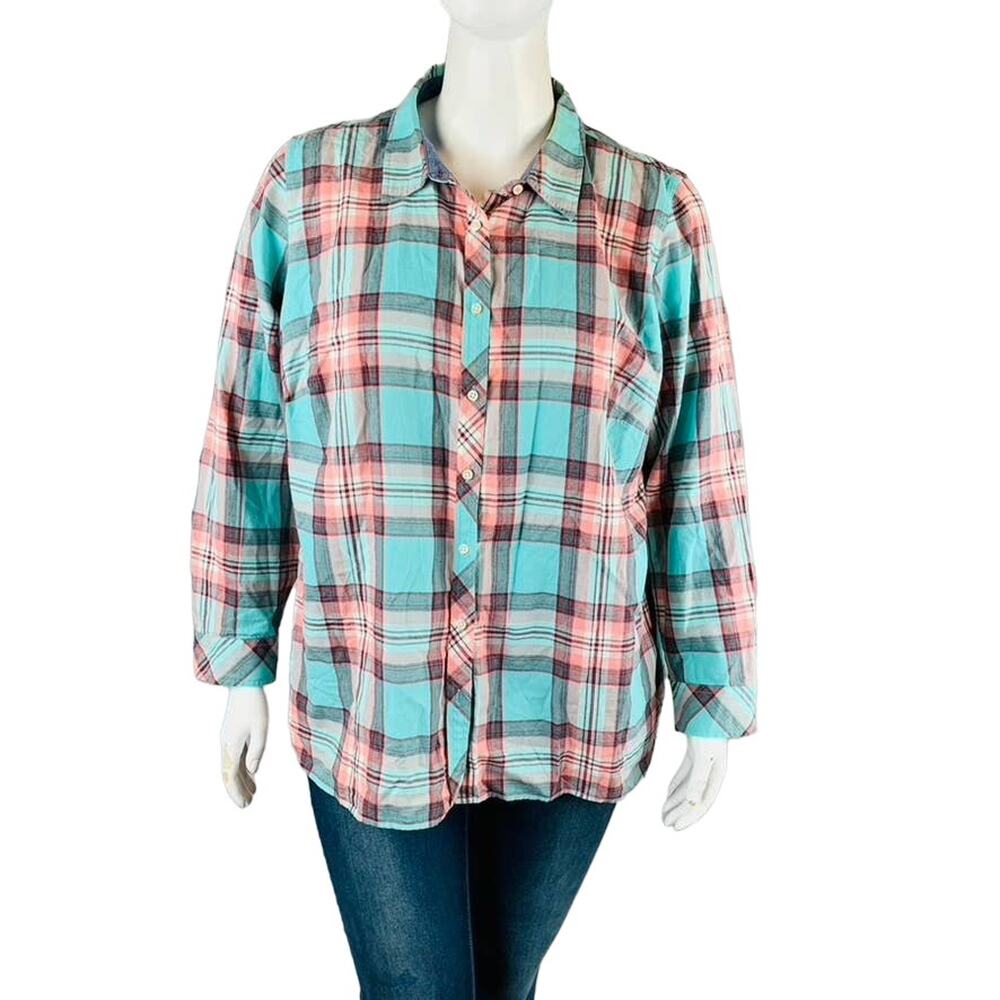 Talbots Womans Sz 2X Plus Shirt Button Front Long Sleeves Blue‎ Pink Top - Picture 2 of 8